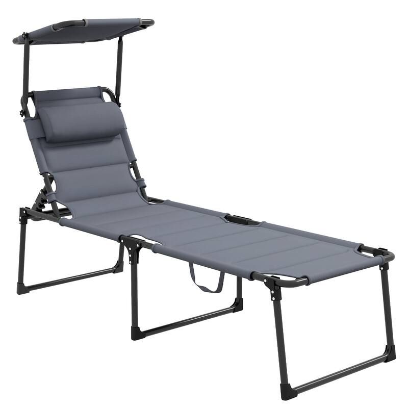 Outdoor Adjustable Backrest Folding Chaise Lounge, Cushioned Tanning Chair with Sunshade Roof & Pillow Headrest