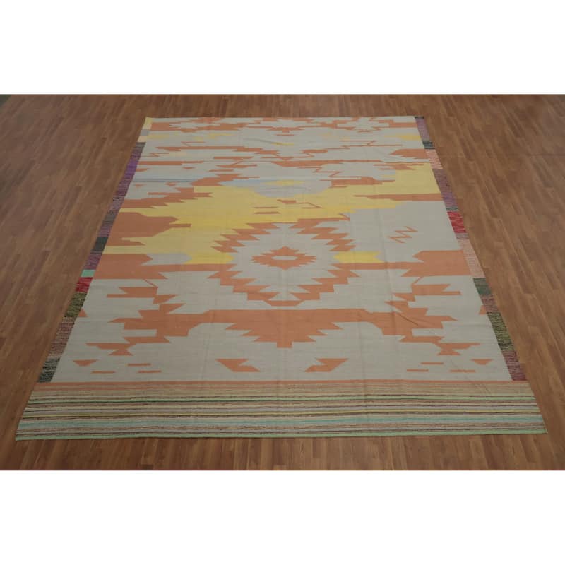 Hand Woven Oriental 100% Wool Carpet Southwestern Modern Greys & Charcoal Kilim Area Rug - 14' 1'' X 11' 1''