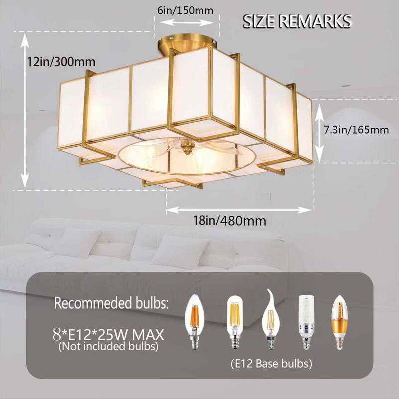 Olapine Square White Gold Trim Tiffany Glass Lighted Ceiling Fandelier with Remote