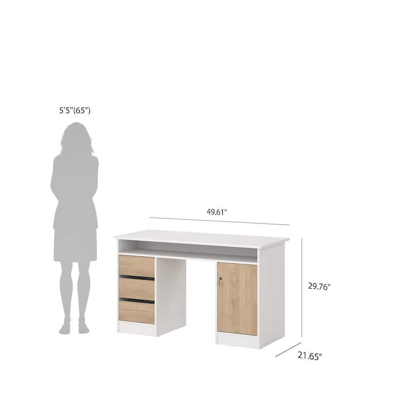 Porch & Den Function Plus 1 Door, 3 Drawer Desk, White/Jackson Hickory
