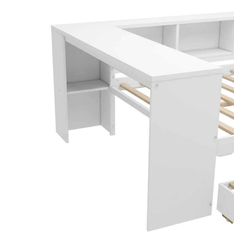 Wooden Daybed Frame with Pull Out Trundle and 3 Drawers, Platform Sofa Bed with Built In Desk and Shelves, No Box Spring Needed