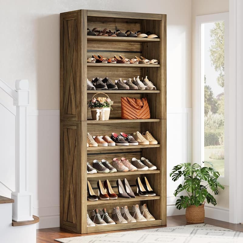 71 Inches Brown Wood Large Shoe Cabinet with Adjustable Shelves, 8-Tier Tall Shoe Storage Organizer for Entryway