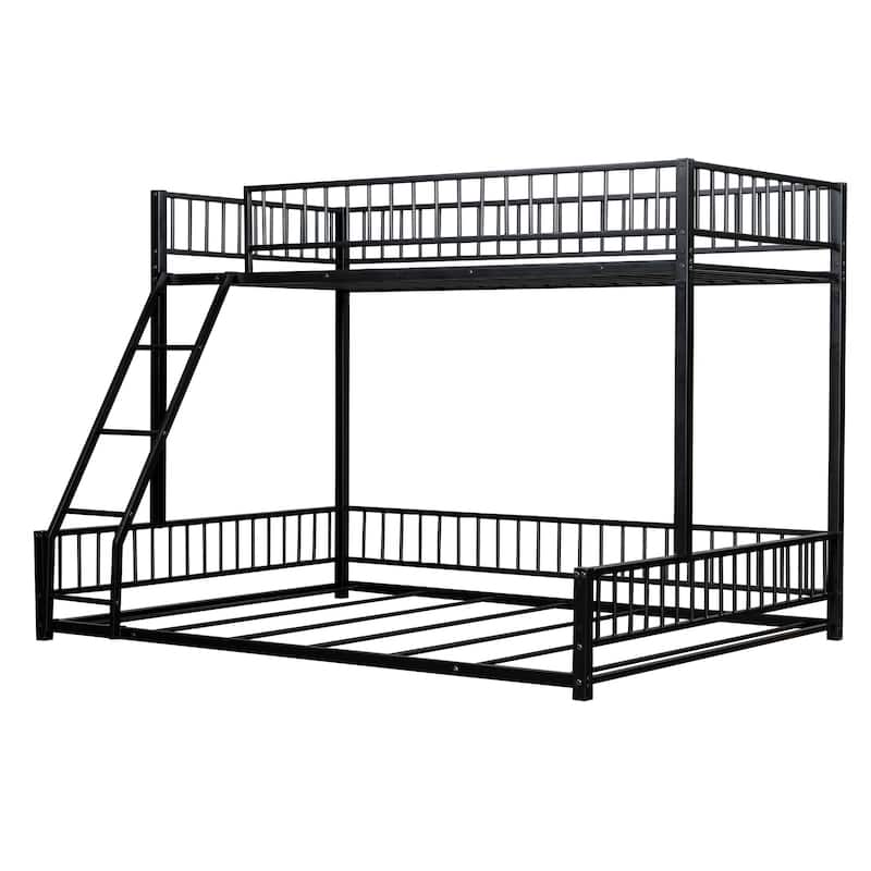 Roomfitters Twin/Full XL over Queen Floor Bunk Bed Frame with Ladder and Safety Guardrails Easy Assembly, Black