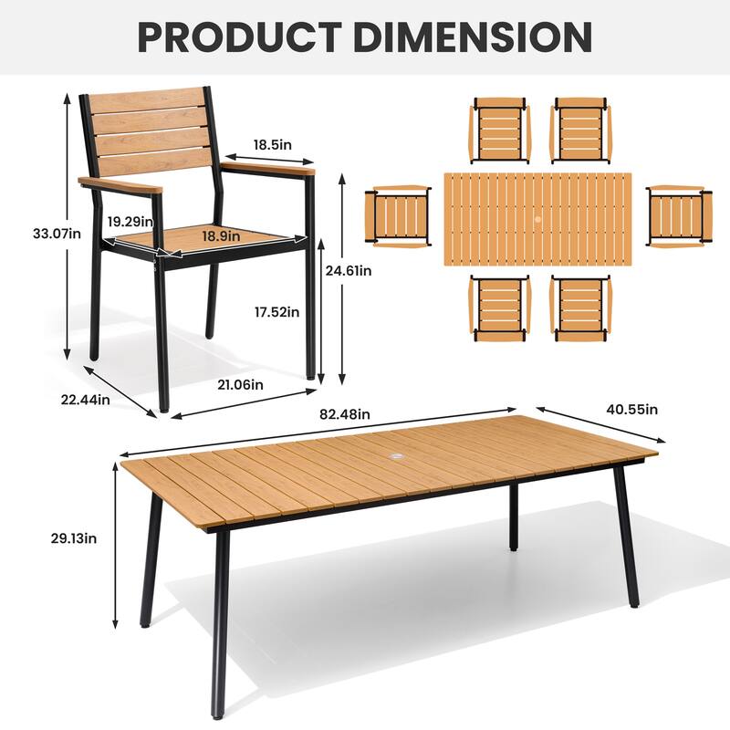 7-Piece Outdoor Patio Dining Set Aluminum Dining Table with Umbrella Hole and Stackable Armchairs