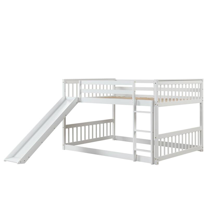 White Full Over Full Bunk Bed with Slide and Ladder, Sturdy Pinewood Frame