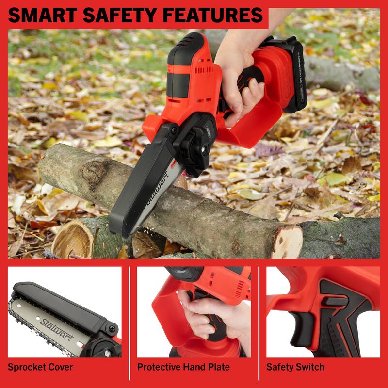Mini Chainsaw - 5-Inch Chain Saw with 20V 1500mah Lithium Ion Battery, Charger, Carry Case - Handheld Saw by Stalwart (Black)
