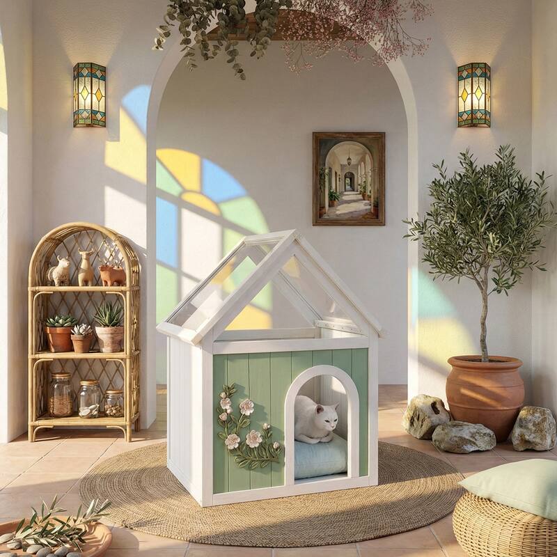 FSC Cedar Pet House with Transparent Roof & Floral Carvings - Indoor Shelter for Cats & Small Dogs