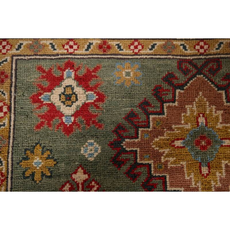 Hand Knotted Oriental 100% Wool Carpet Traditional Geometric Green Kazak Area Rug - 5' 11'' X 4' 0''
