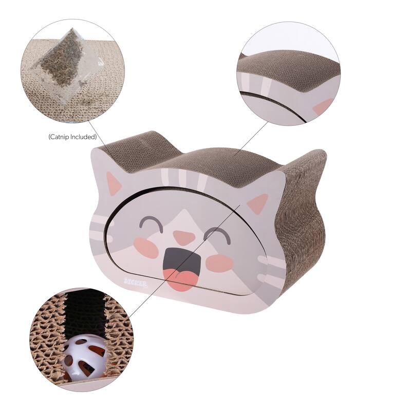 Opal 19" Modern Cardboard Happy Cat Head 2-in-1 Cat Cave Scratcher with Built-In Bell Toys and Catnip, Muted Pink/Cream