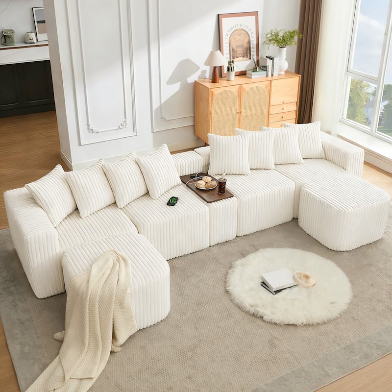 137.5" U-Shaped Sectional Sofa with Coffee Table Board and Ottoman