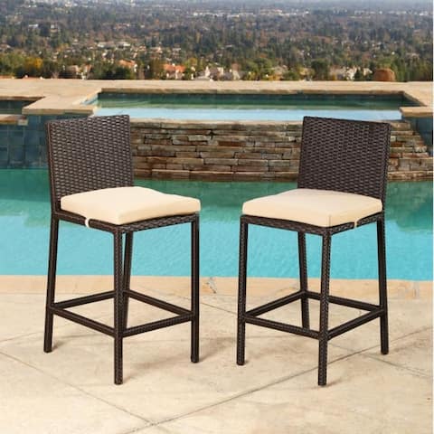 Abbyson Outdoor Cailen Wicker Patio Bar Stools with Cushions, Set of 2