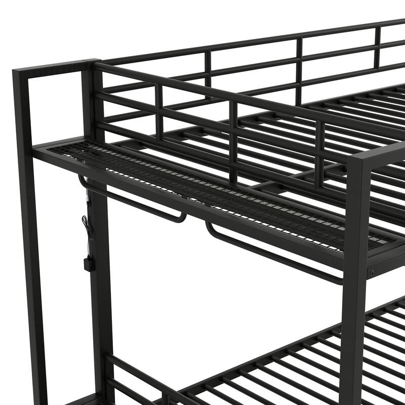 Full Size Metal Bunk Bed with Storage Mesh Shelves and Clothes Hooks,LED Light