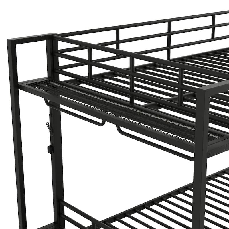 Roomfitters Full Size Metal Bunk Bed with Storage Shelves and Hooks, Space-Saving Frame for Bedroom