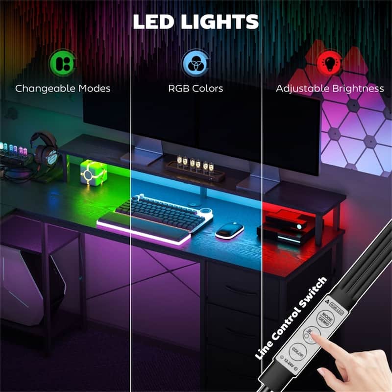 L Shaped Gaming Desk with RGB LED Light USB Charging Ports Storage Drawers and Ergonomic Monitor Stand Sturdy Office