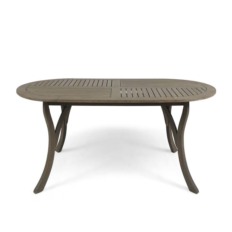 Roomfitters Outdoor Dining Table with Oval Slatted Top and Curved Legs in Solid Acacia Wood for Patio or Garden