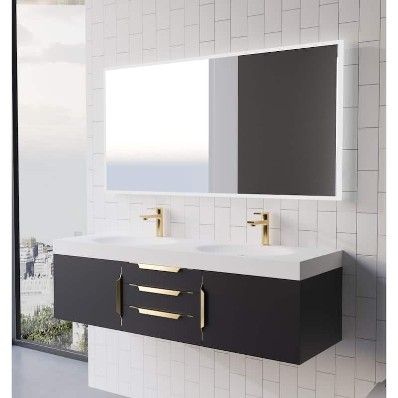 Thames 60" Shallow Basin Wall Mounted Bathroom Vanity Set w/ White Top