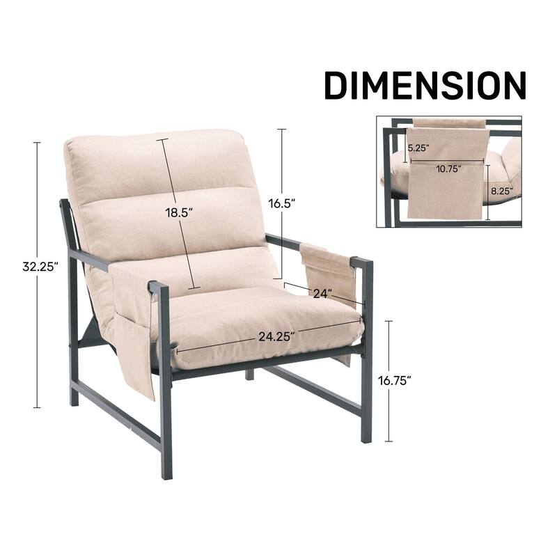 Upholstered Sling Accent Chair Modern Style, Cozy Armchair With Metal Frame And Storage Pocket