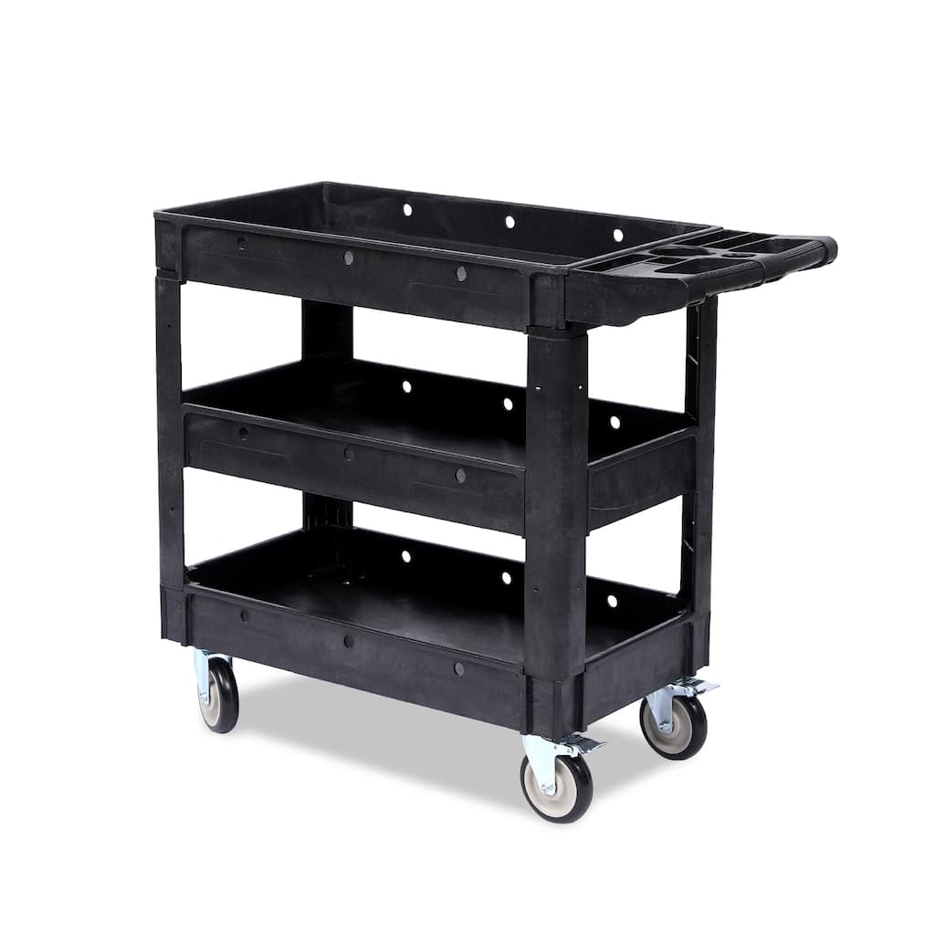 Utility Service Cart, Heavy Duty Plastic Rolling Utility Cart with Wheels, Ergonomic Storage Handle for Warehouse Garage