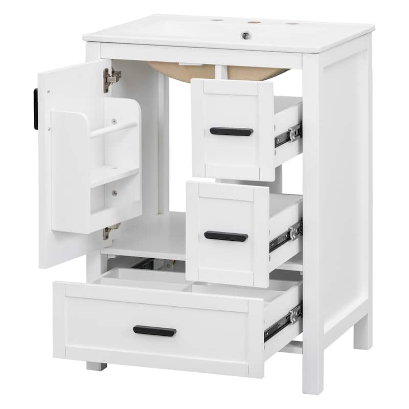 Solid Wood Frame Bathroom Vanity Cabinet with Ceramic Sink, Space-Saving 24-Inch Vanity