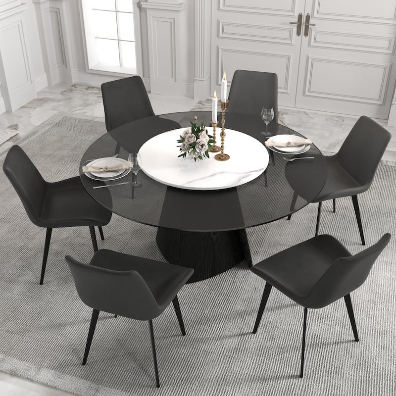 59" Kitchen Table Modern Dining Glass Round Table with Susan with Wood Legs - 59"Table+Susan+Black Base