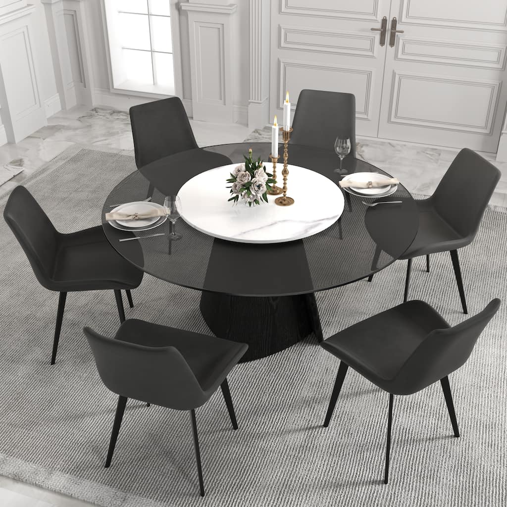 59" Kitchen Table Modern Dining Glass Round Table with Susan with Wood Legs