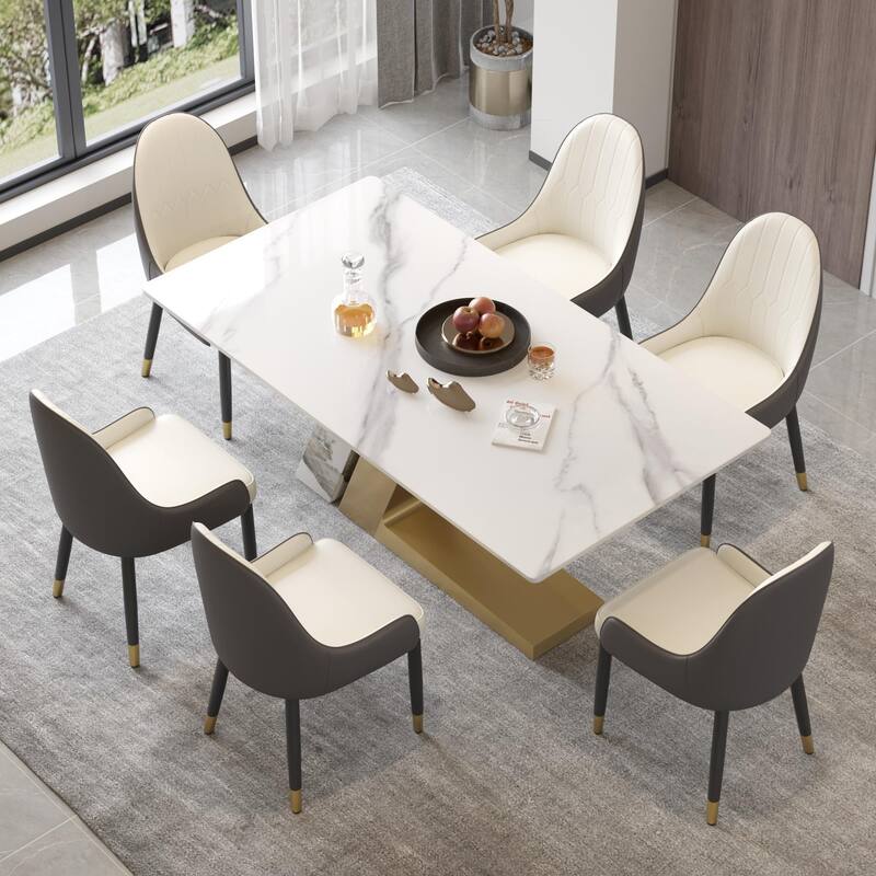 Faux Marble Dining Table Slate Table for Dining Room Kitchen - 70.87" - White