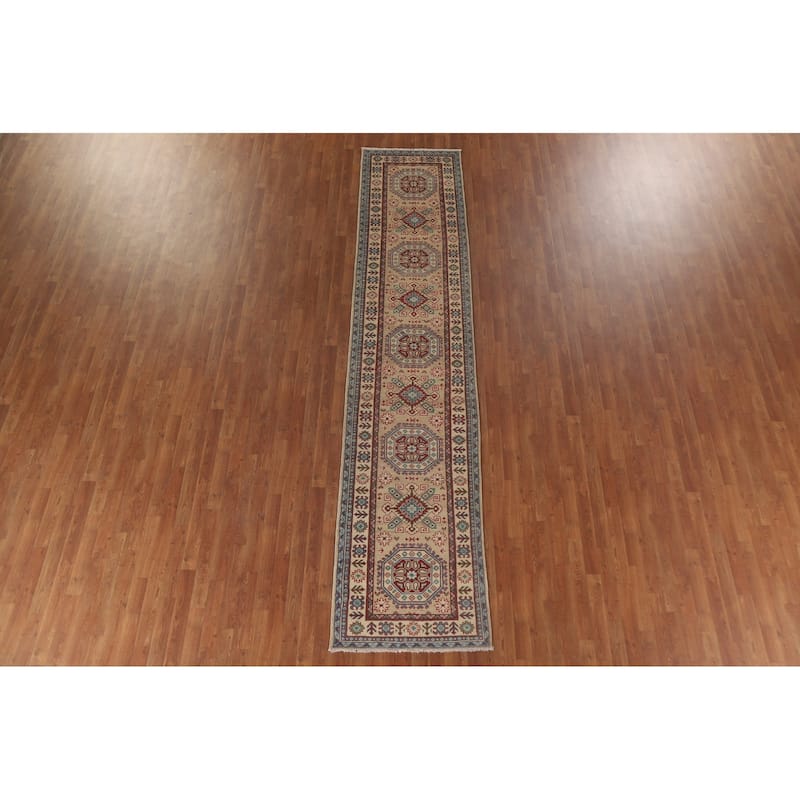 Hand Knotted Oriental 100% Wool Carpet Traditional Geometric Beige & Ivories Kazak Runner Rug - 12' 9'' X 2' 9''