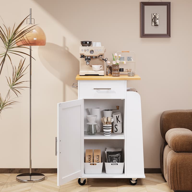 Rolling Kitchen Island with Storage Cabinet & Spice Rack & Drawer – Rubber Wood Top