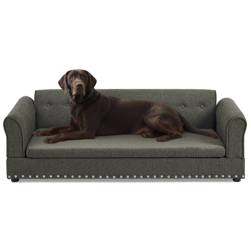 Oversized Pet Sofa, Elegant Modern Linen Fabric Elevated Dog Sofa Bed, Oversized Rectangular Pet Bed with Backrest & Armrest