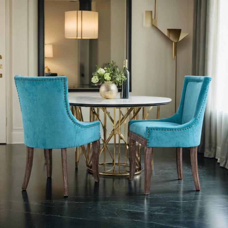 Dining Chair，Thickened fabric chairs with neutrally toned solid wood legs， Bronze nail head，Set of 2