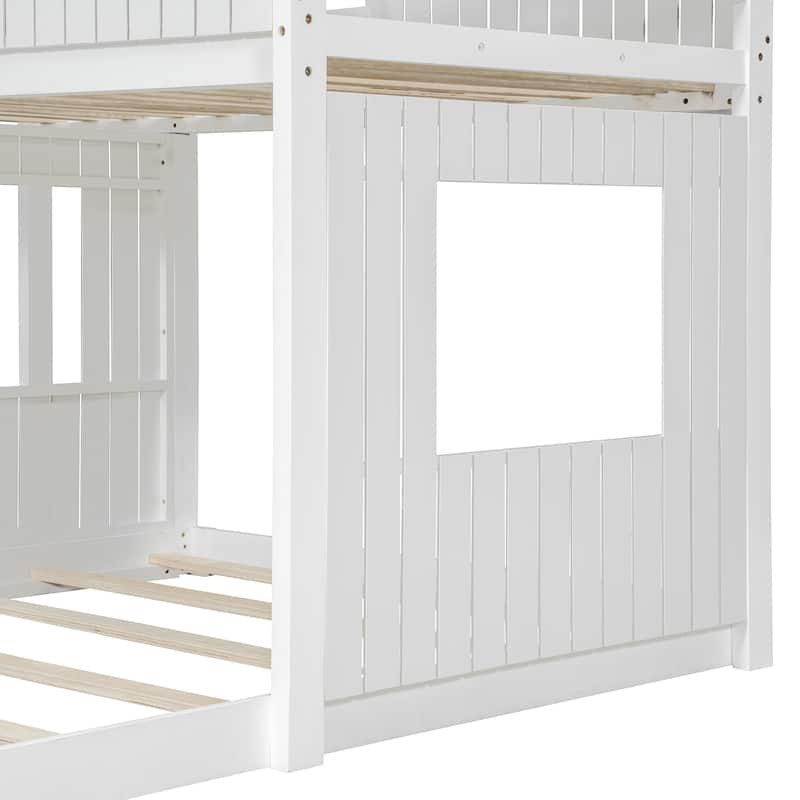 Merax Wooden Twin over Full Bunk Bed with Playhouse, Farmhouse, Ladder and Guardrails