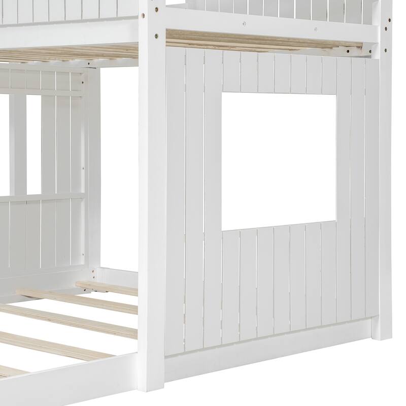 Wooden Twin Over Full Bunk Bed with Playhouse Design, Loft Bed with Ladder and Guardrails, Farmhouse Style