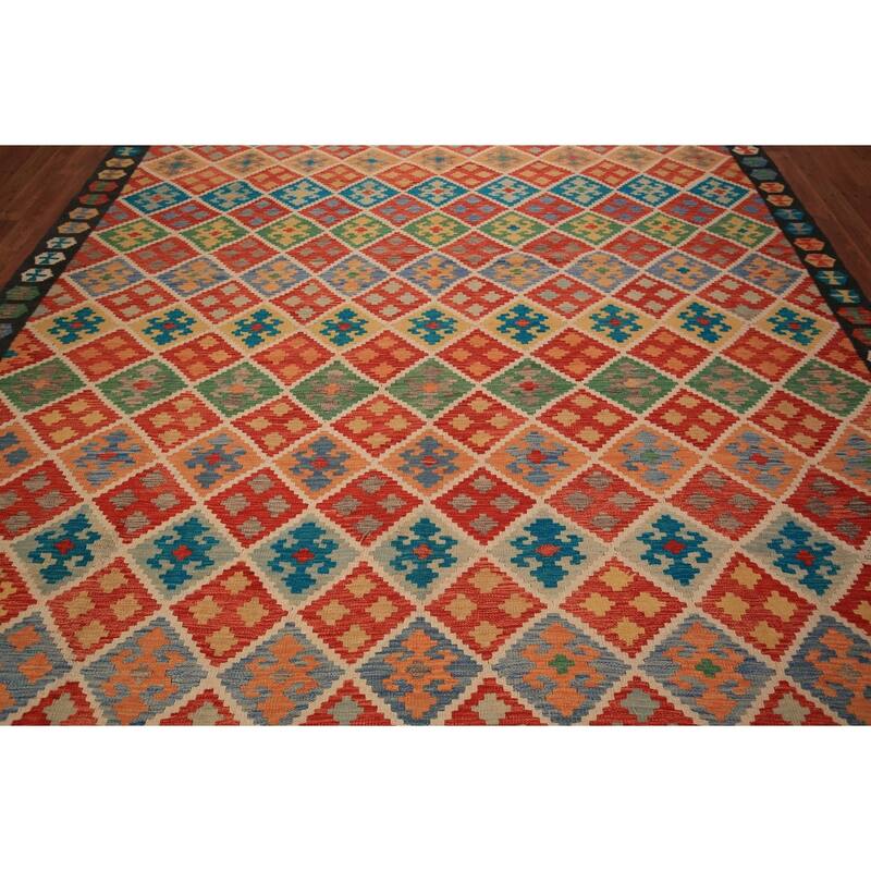 All-Over Trellis Kilim Area Rug Hand-Woven Wool Carpet - 8'9" x 11'4"