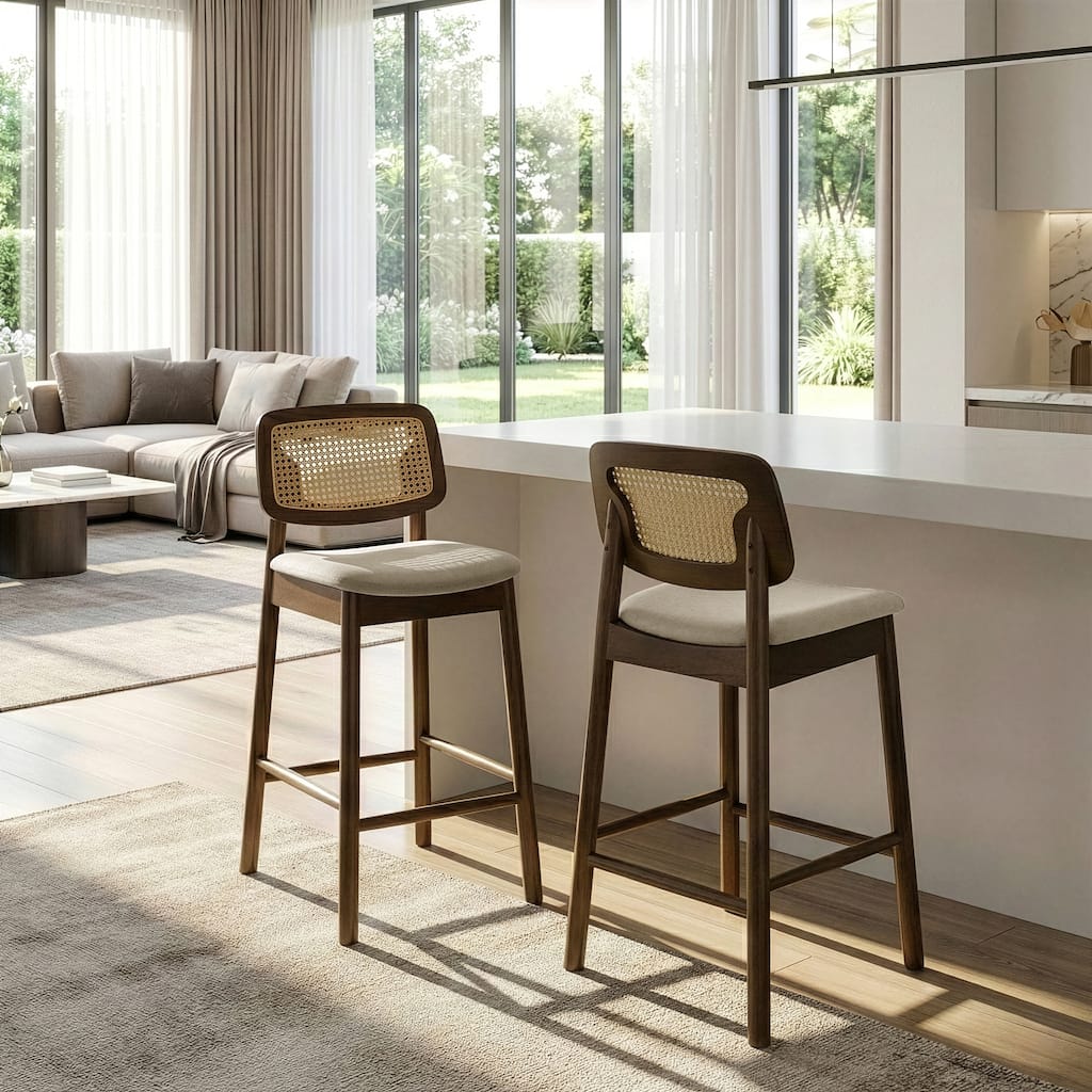 Set of 2 Azuka Beige Fabric Counter Stool with Rattan Back and Walnut Wood Legs