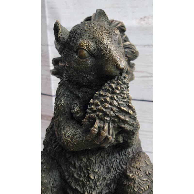 Squirrel Eating An Acorn Bronze Sculpture Statue Handmade Figure Original Art Marble Base