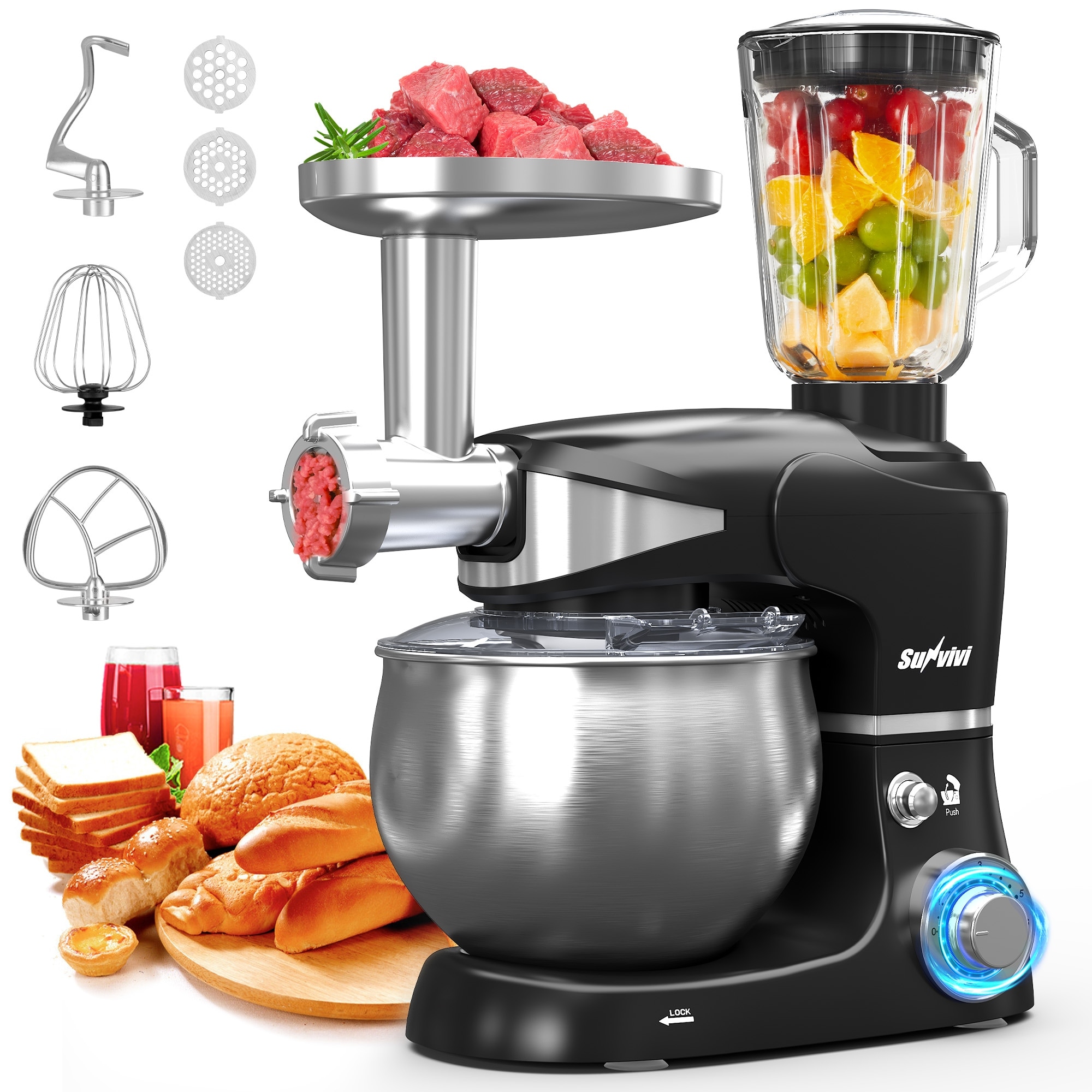 3-in-1 Kitchen Mixer: Stand Mixer, Food Processor & Blender with 6 Speeds and 6.5 Qt Bowl