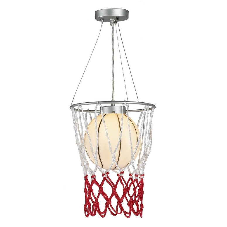 Childrens 1 Light Basketball Pendant - White. red and chrome