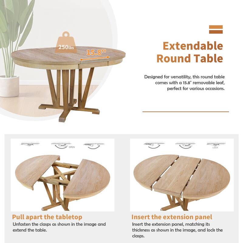 Extendable Dining Table Set Round Trestle Table and 4 Cross Back Dining Chairs