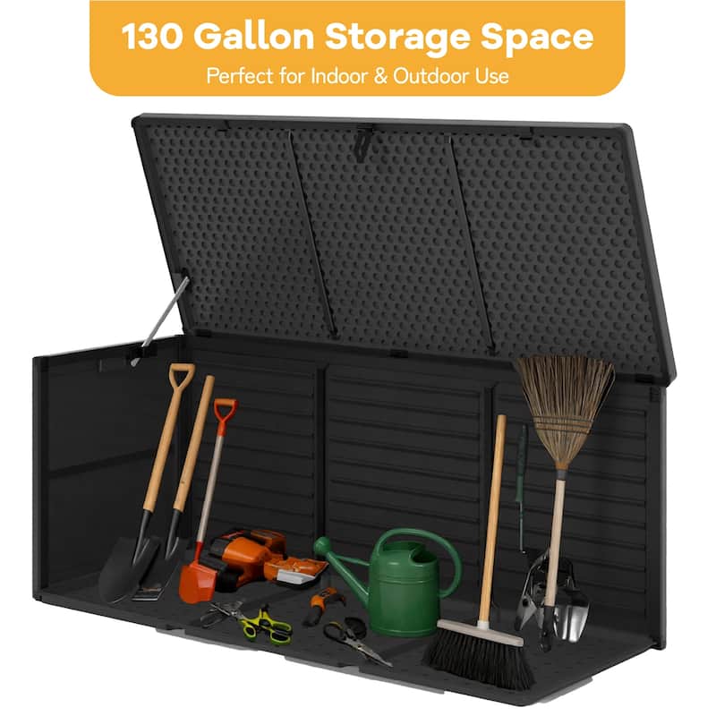 130 Gal. Upgraded Resin Deck Box, Outdoor Storage Box Waterproof with Hydraulic Rod and Side Handle, Lockable