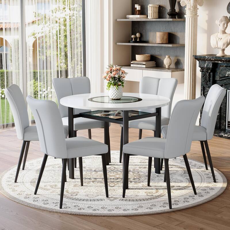 42 Inch Round Dining Table Set for 6, 7-Piece Kitchen Dining Table Set with Lower Storage Shelf, 6 Faux Leather Chairs
