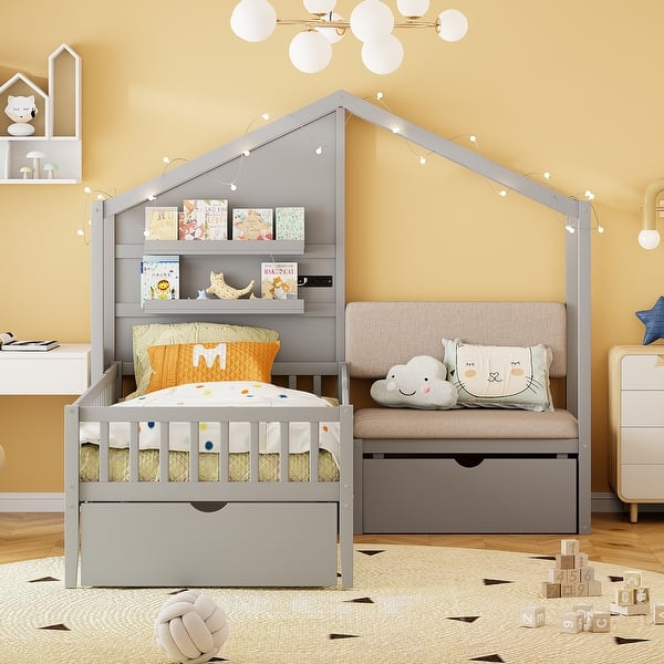 slide 2 of 14, Twin Size House Bed with Upholstered Sofa, Charging Station, Wireless Charging, Shelves and 2 Drawers Grey Grey - Twin