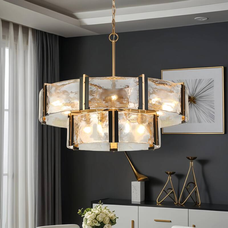 Modern 15-Light Black Gold Unique Drum Chandelier Textured Glass Light for Dining Room Foyer - D 31.5" x H 12"