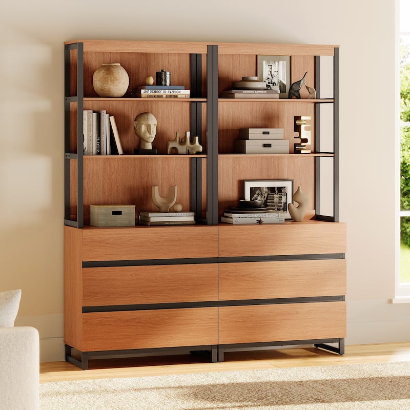 WAMPAT Modern 72" Tall Bookcase with Drawers and Open Book Shelfs, Library Book Shelf for Home Office, Living Room