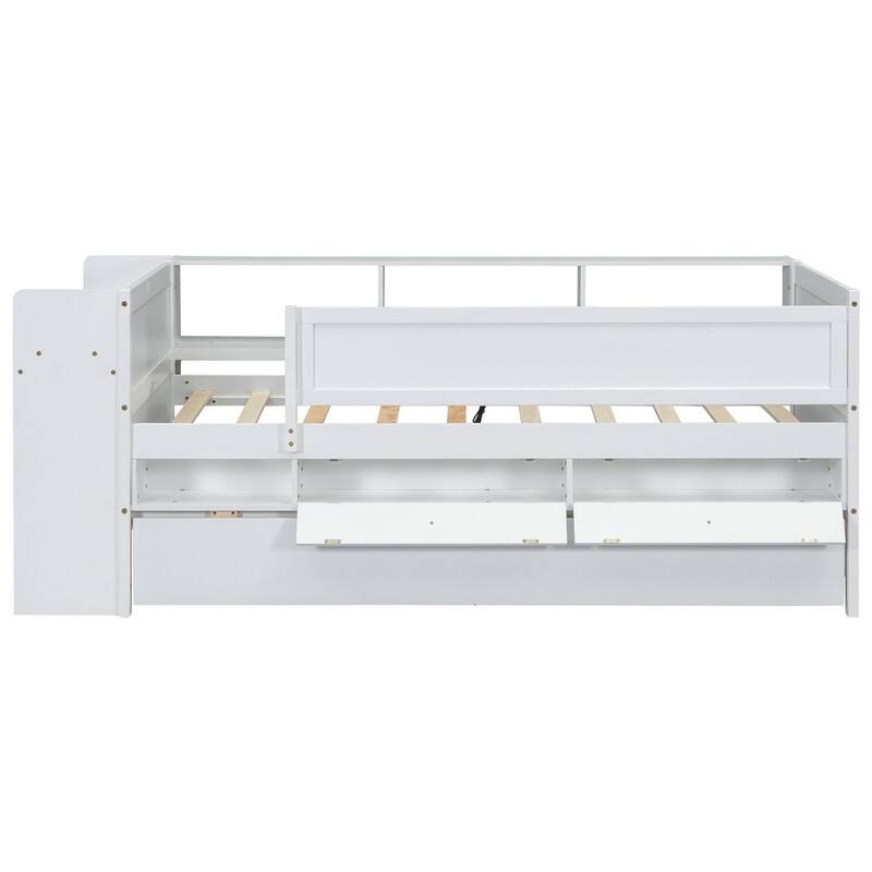 Multi-Functional Twin Size Daybed with 2 Drawers and Twin Size Trundle, Wooden Sofa Bed Frame w/ Headboard Storage & Study Desk