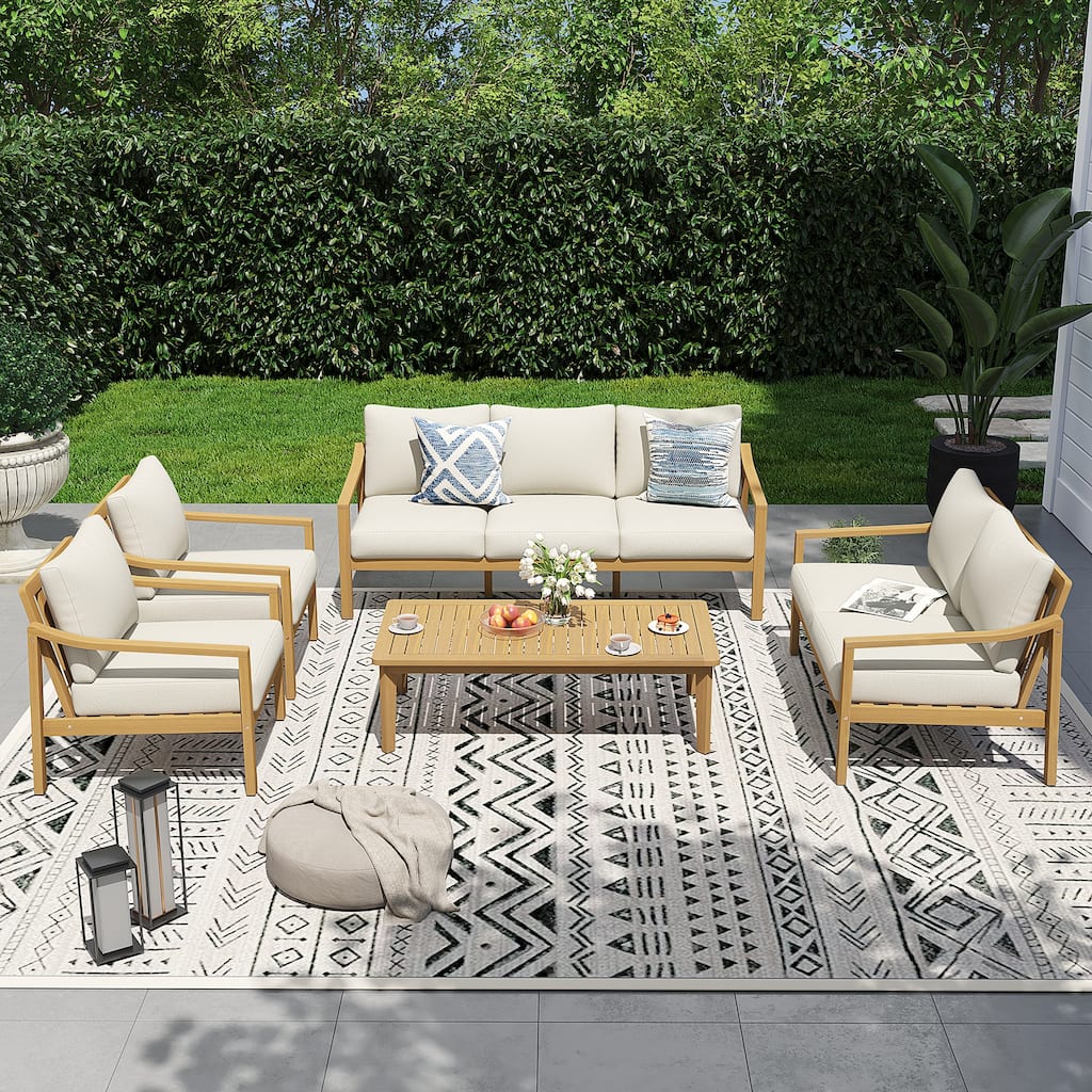 Outdoor 5 Piece Wooden Chair Set With Table And Cushion