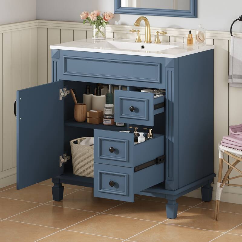 Bathroom Vanity with Ceramic Sink, Small Bathroom Storage Cabinet, Bathroom Cabinet with 2 Drawers & Adjustable Shelf
