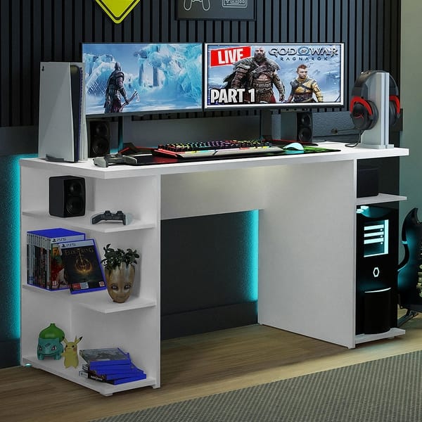 slide 2 of 20, Madesa Large Modern Gaming Computer Desk 53 Inch with 5 Shelves Cable Management Student Study Home Office Gamer Desk 53 inches - White