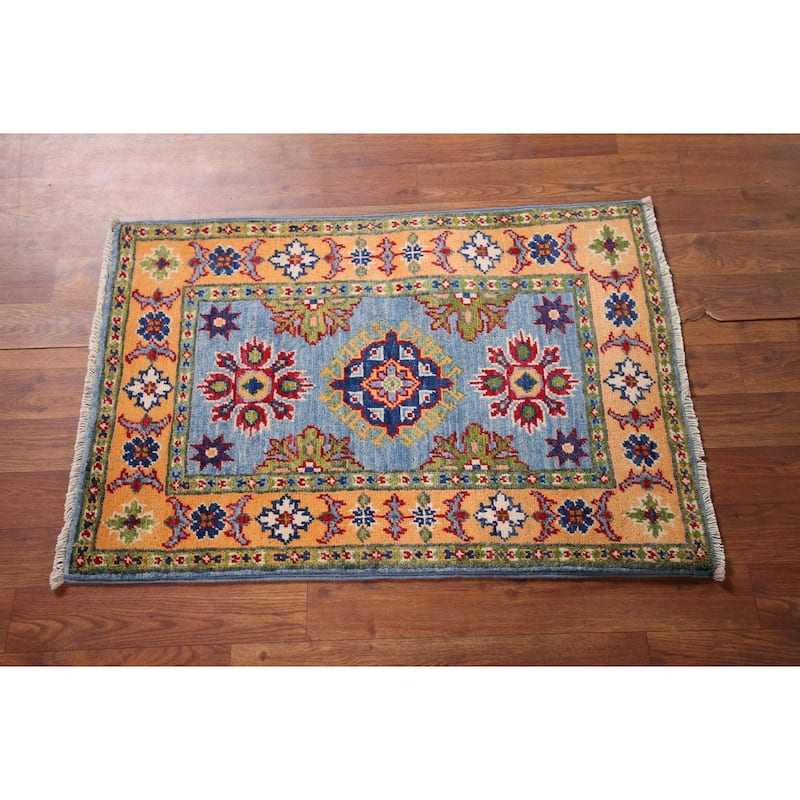 Blue Geometric Kazak Accent Rug Handmade Traditional Wool Carpet - 2'0" x 2'11"