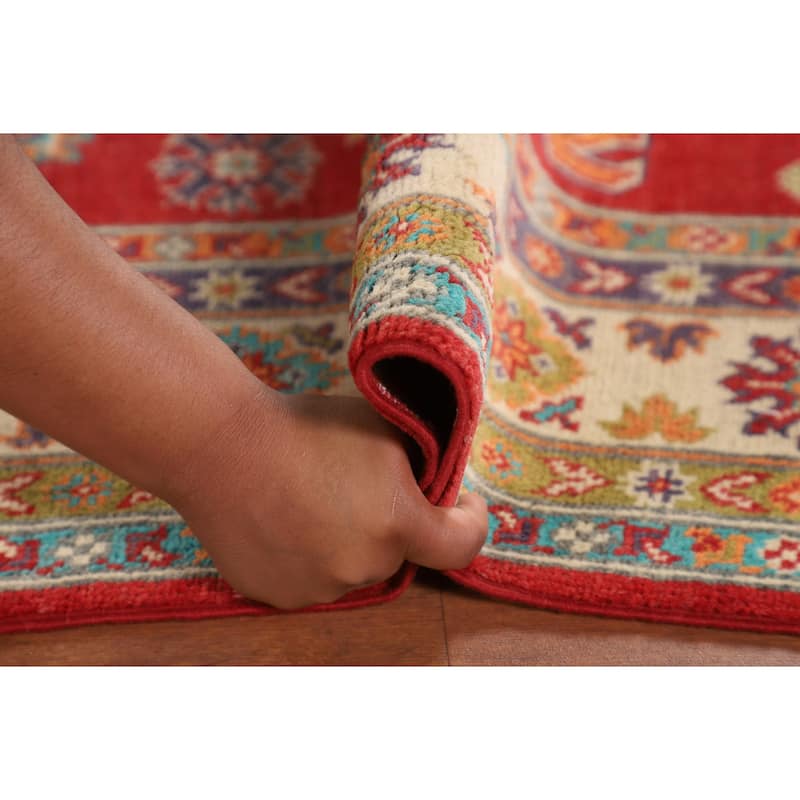 Red Geometric Kazak Area Rug Handmade Traditional Wool Carpet - 5'6" x 7'9"