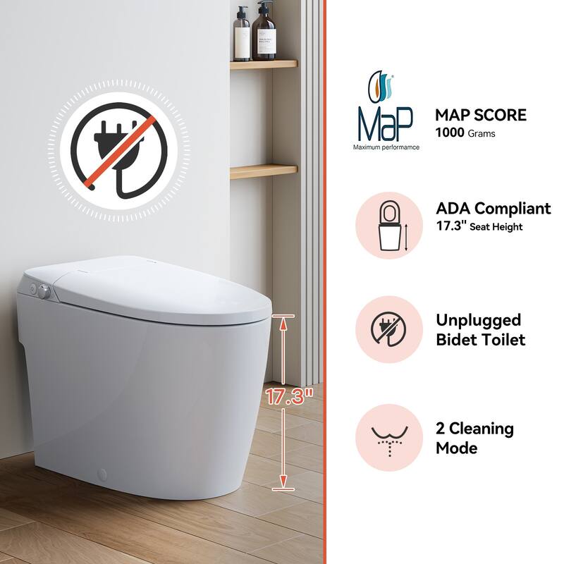 HOROW Non Electric Elongated Bidet Toilet 1.0 GPF ADA Height Foot Kick Flush White
